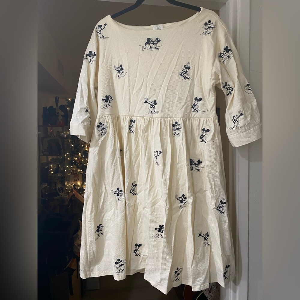 Disney Cream Dress with Black Mickey and Minnie Embroidery